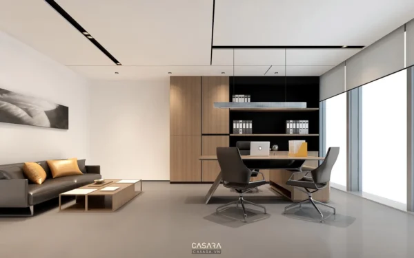 Phòng làm việc hiện đại, tối giản với nội thất gỗ và sofa xám.