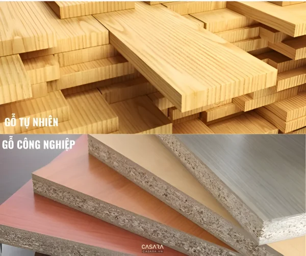Mẫu gỗ công nghiệp và gỗ tự nhiên đặt cạnh nhau để so sánh vật liệu