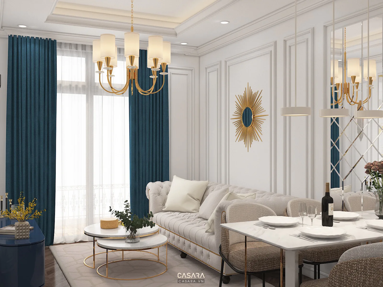 Phòng khách căn hộ 2 phòng ngủ với sofa kệ tivi và bàn trà hiện đại