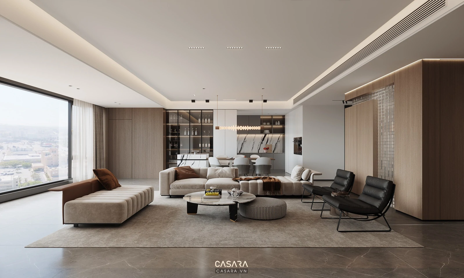 Phòng khách hiện đại, sofa lớn và bàn đá.