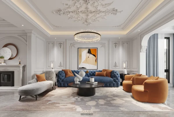 Phòng khách tân cổ điển sang trọng với sofa và đèn trần