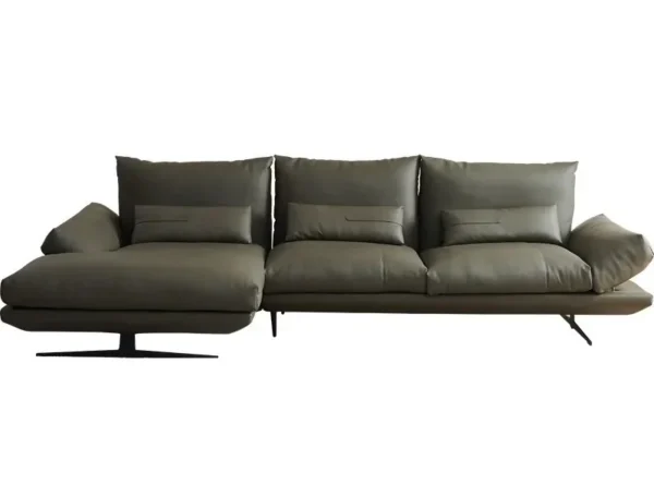 Ghế sofa da màu xám hiện đại, thiết kế góc chữ L rộng rãi.