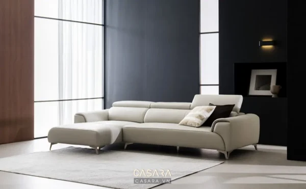 Ghế sofa góc da trắng hiện đại, phòng khách sang trọng, tối giản.