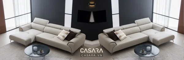 Phòng khách hiện đại với bộ sofa góc màu be sang trọng.