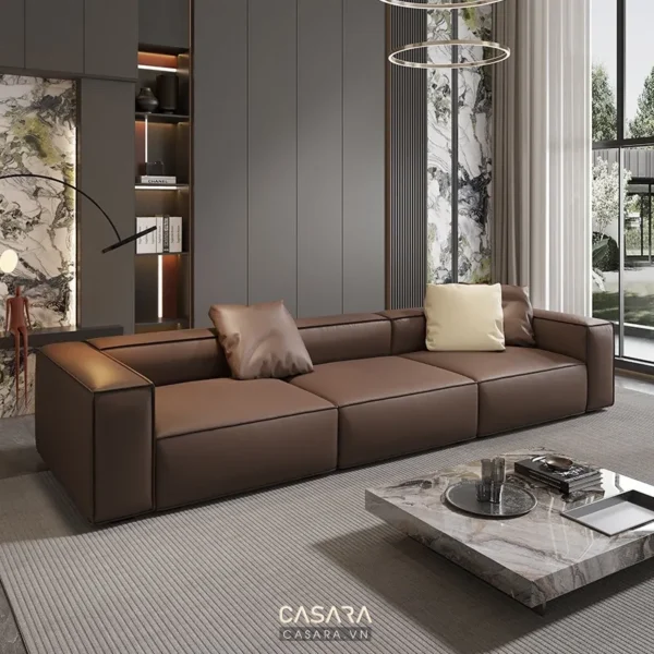 Phòng khách hiện đại với sofa da nâu sang trọng, tinh tế.