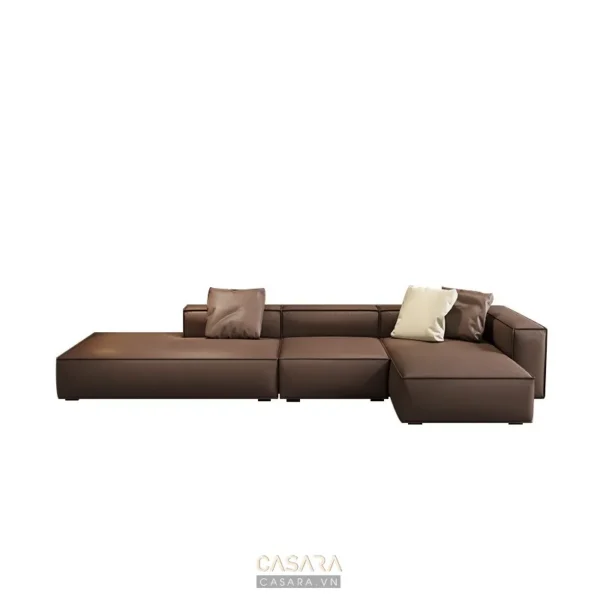 Bộ sofa góc da nâu hiện đại, sang trọng cho phòng khách.