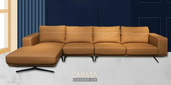 Ghế sofa góc da màu nâu hiện đại, thiết kế tối giản sang trọng.
