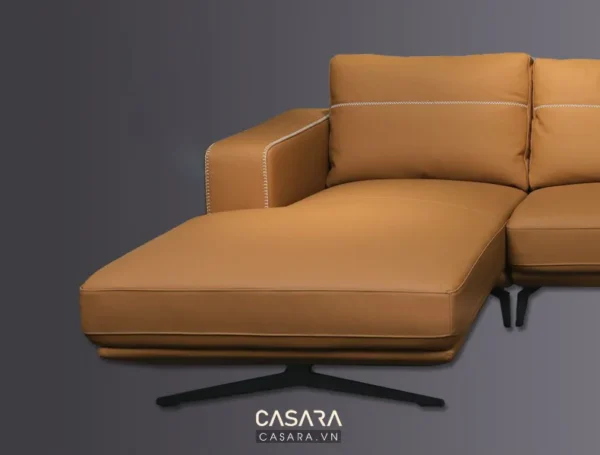 Ghế sofa da màu nâu cam hiện đại, thiết kế góc chữ L tối giản.