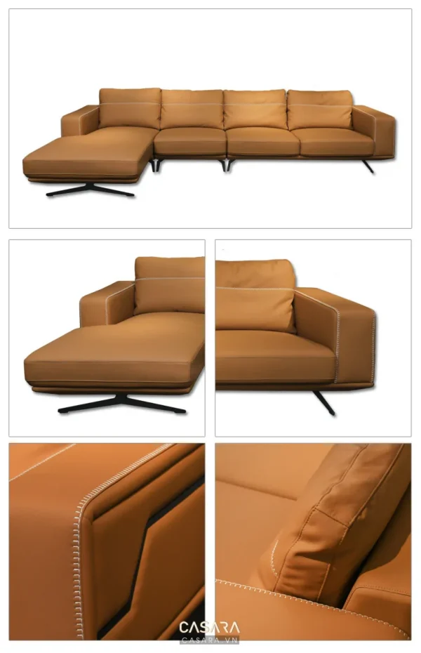 Bộ sofa da góc hiện đại, màu nâu ấm áp, thiết kế tinh tế.