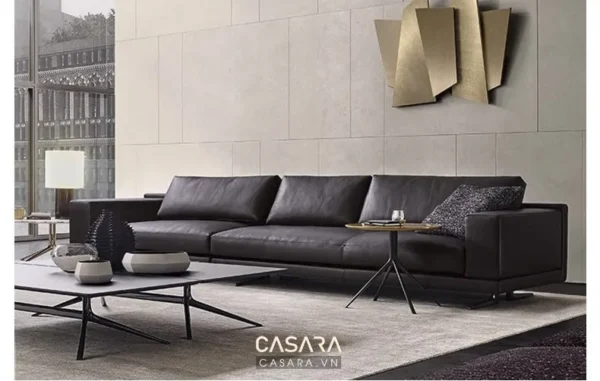 Phòng khách hiện đại với sofa da đen sang trọng, ấm cúng.