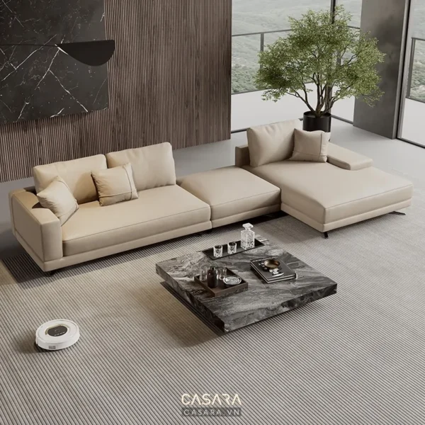Phòng khách hiện đại với sofa góc và bàn trà đá sang trọng.