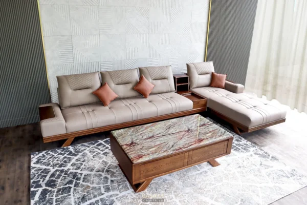 Bộ sofa góc hiện đại, sang trọng với thiết kế tối giản, tinh tế.