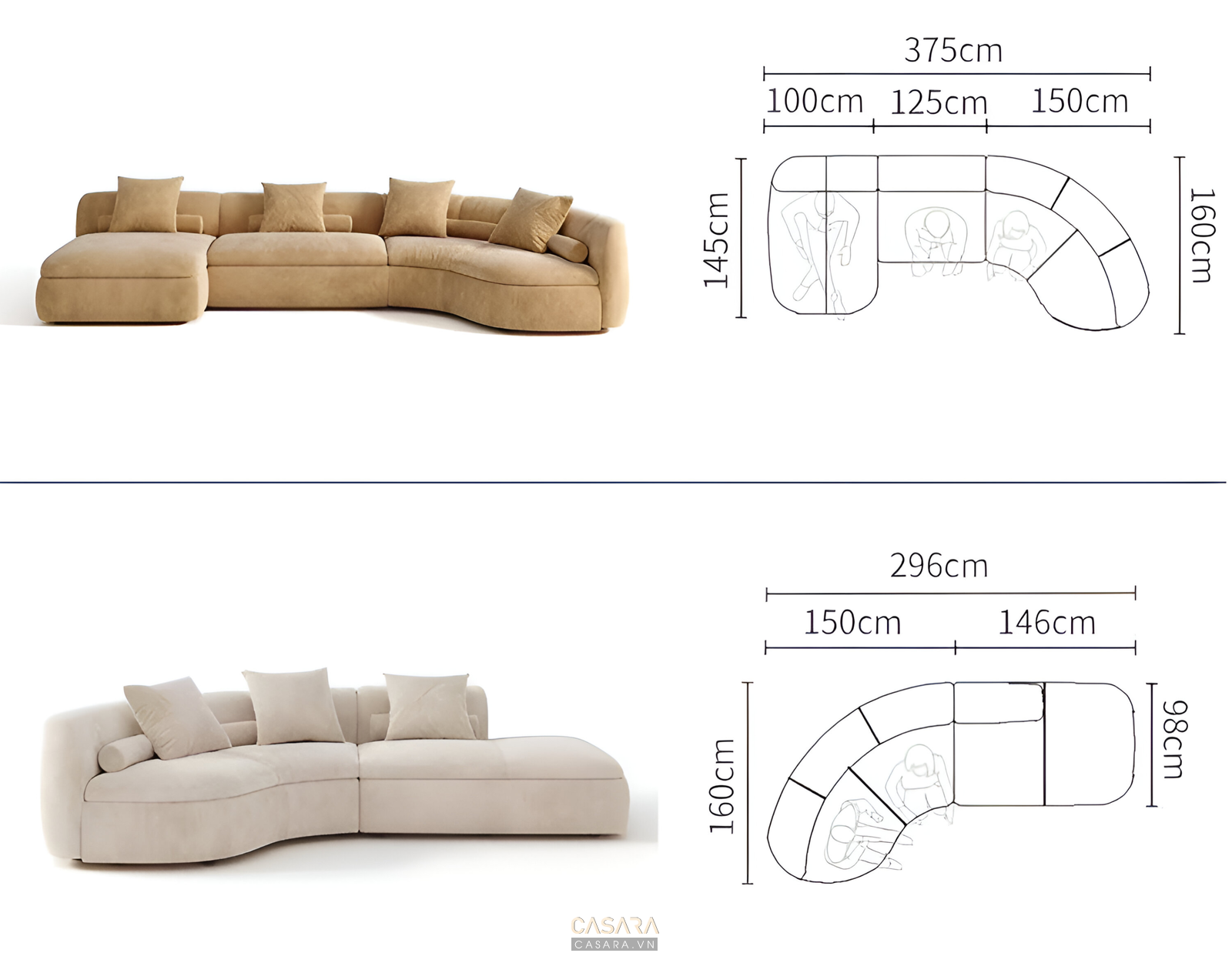 Hai mẫu sofa góc hiện đại, màu sắc trung tính, có kèm kích thước chi tiết.