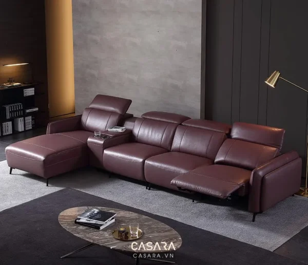 Bộ sofa da màu nâu hiện đại, thiết kế góc chữ L sang trọng.