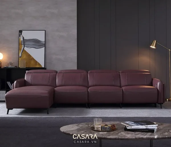 Bộ sofa da màu burgundy hiện đại, sang trọng trong không gian phòng khách.