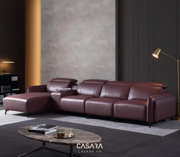 Ghế sofa da nâu hiện đại, sang trọng trong không gian phòng khách.