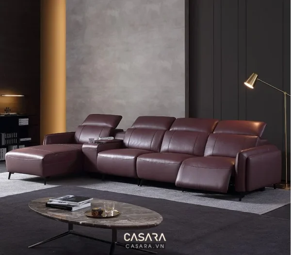 Bộ sofa da màu đỏ burgundy sang trọng trong không gian phòng khách hiện đại.