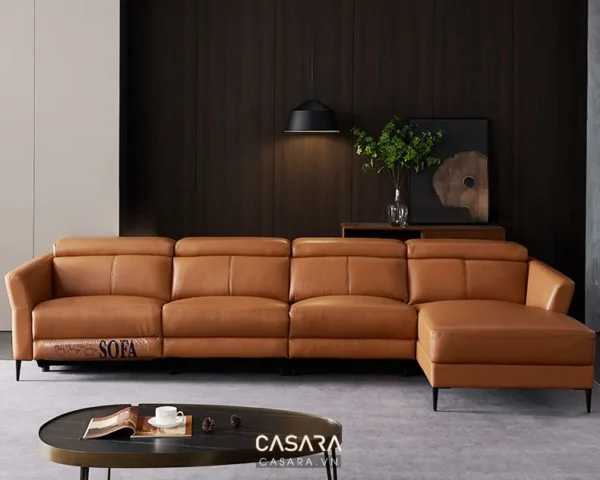 Bộ sofa da màu nâu cam hiện đại, sang trọng trong không gian phòng khách.