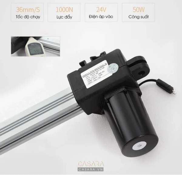Động cơ điện tuyến tính với các thông số kỹ thuật được hiển thị rõ ràng.