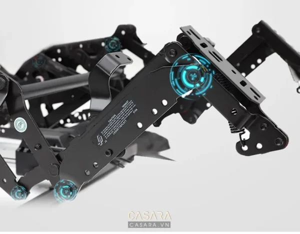 Khung máy bay không người lái với các chi tiết kim loại và ánh sáng xanh.