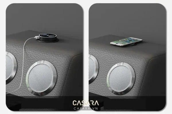 Nội thất xe sang trọng với sạc không dây và loa cao cấp.