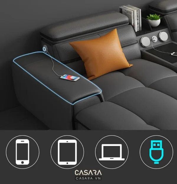 Ghế sofa hiện đại với cổng sạc và đèn chiếu sáng tích hợp.