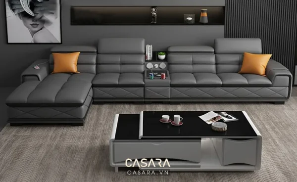 Bộ sofa góc hiện đại, sang trọng với gam màu xám chủ đạo.
