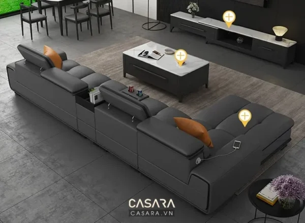 Bộ sofa góc da đen hiện đại, sang trọng cho phòng khách rộng rãi.