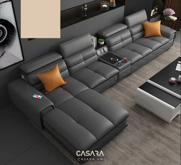 Bộ sofa góc da cao cấp màu xám hiện đại, sang trọng.