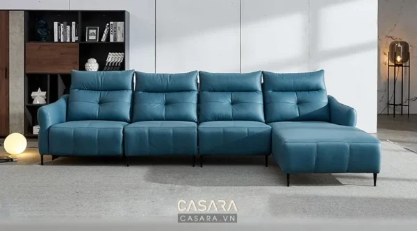 Bộ sofa góc màu xanh dương hiện đại, sang trọng trong không gian phòng khách.
