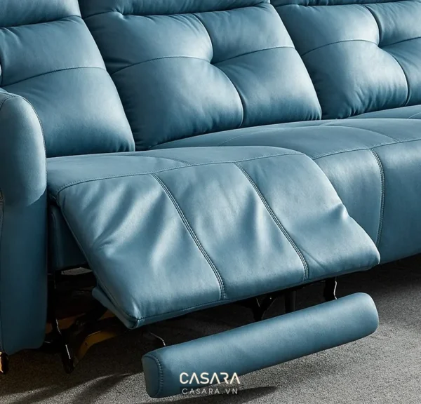 Ghế sofa da màu xanh dương hiện đại, có chức năng ngả lưng thư giãn.
