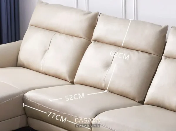 Góc sofa nệm màu be, có chú thích kích thước chi tiết.