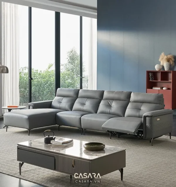 Bộ sofa da xám hiện đại, sang trọng trong không gian phòng khách.