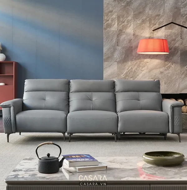 Ghế sofa da xám hiện đại, thiết kế tối giản, sang trọng.
