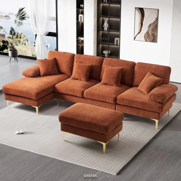Bộ sofa góc màu cam đất hiện đại, sang trọng trong không gian sống.