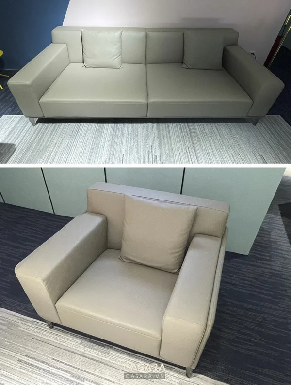Bộ sofa da màu be hiện đại, sang trọng trong không gian phòng khách.