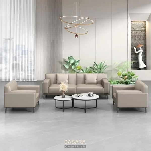 Phòng khách hiện đại, sang trọng với nội thất tối giản, màu sắc trung tính.