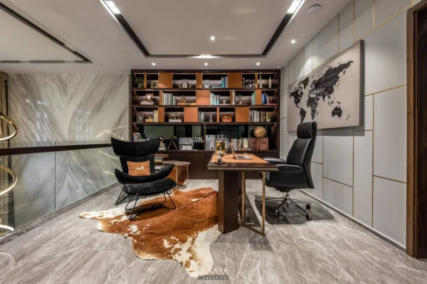 Phòng làm việc hiện đại, sang trọng với điểm nhấn từ bản đồ thế giới.