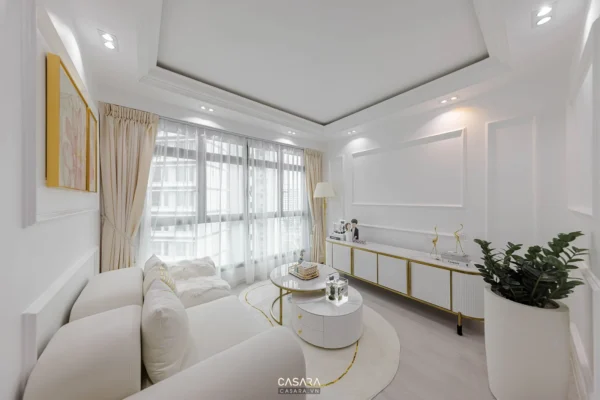 Phòng khách hiện đại, sang trọng với tông màu trắng chủ đạo.