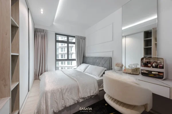 Phòng ngủ hiện đại, sang trọng với tông màu trung tính ấm áp.