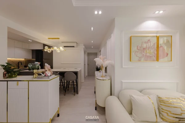 Phòng khách bếp hiện đại, sang trọng với gam màu trắng chủ đạo.