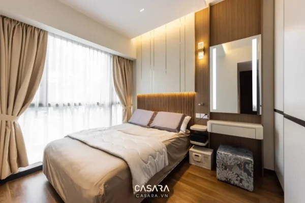 Phòng ngủ hiện đại, sang trọng với tông màu trung tính ấm áp.