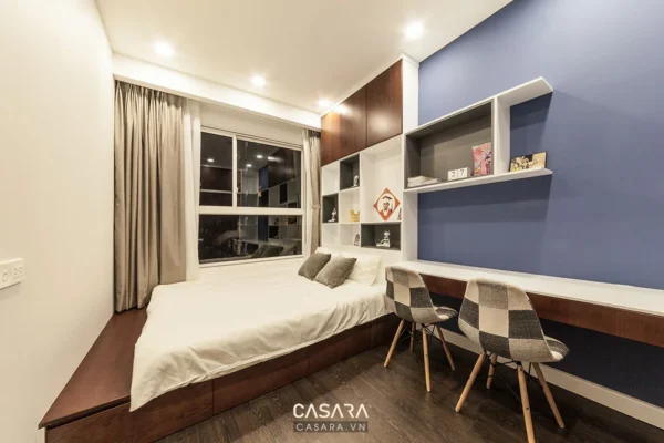 Phòng ngủ hiện đại, tối giản với tông màu xanh, nâu ấm cúng.