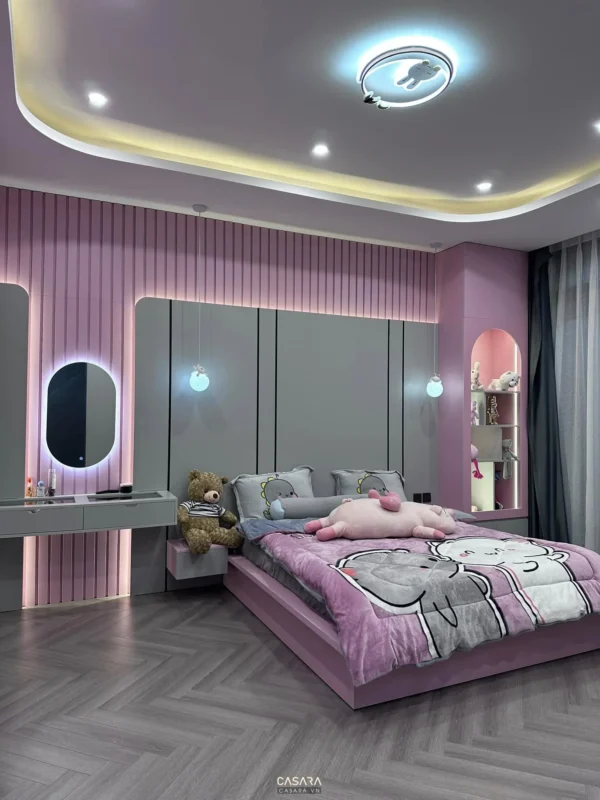 Phòng ngủ hiện đại, tông hồng pastel ngọt ngào, ấm cúng cho bé gái.