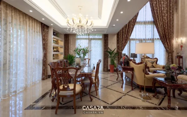 Phòng khách - phòng ăn sang trọng, nội thất cổ điển, ánh sáng ấm áp.