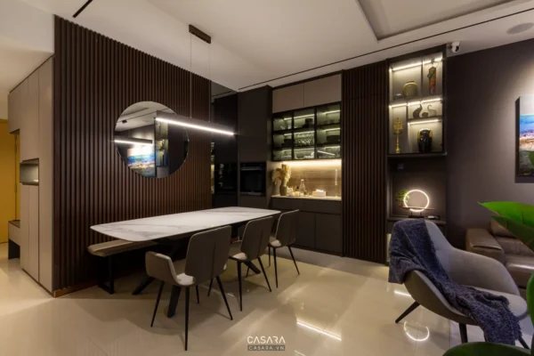 Phòng ăn hiện đại, sang trọng với thiết kế nội thất tối giản.