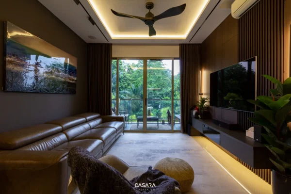 Phòng khách hiện đại, sang trọng với nội thất tinh tế, ánh sáng ấm áp.