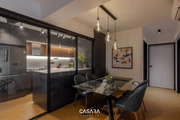 Không gian bếp - ăn hiện đại, sang trọng với tông màu đen chủ đạo.