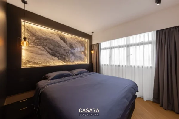 Phòng ngủ hiện đại, sang trọng với tông màu tối chủ đạo.