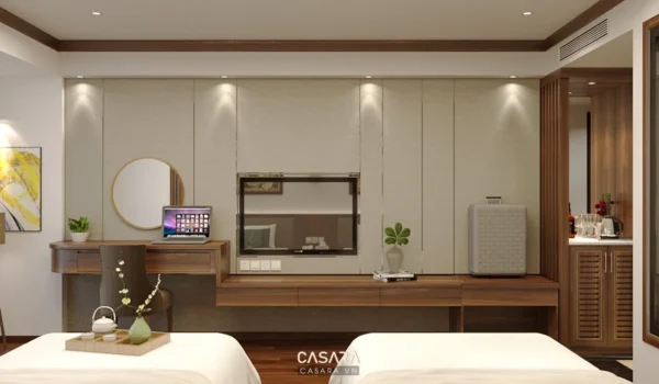 Phòng ngủ hiện đại, tối giản với nội thất gỗ ấm cúng, ánh sáng dịu nhẹ.